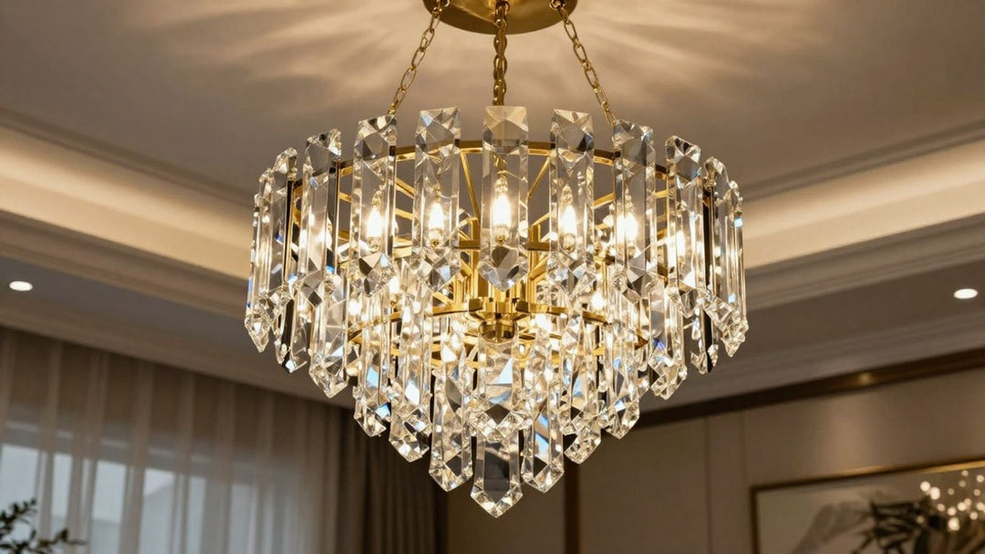 Modern crystal chandelier in a stylish living room.