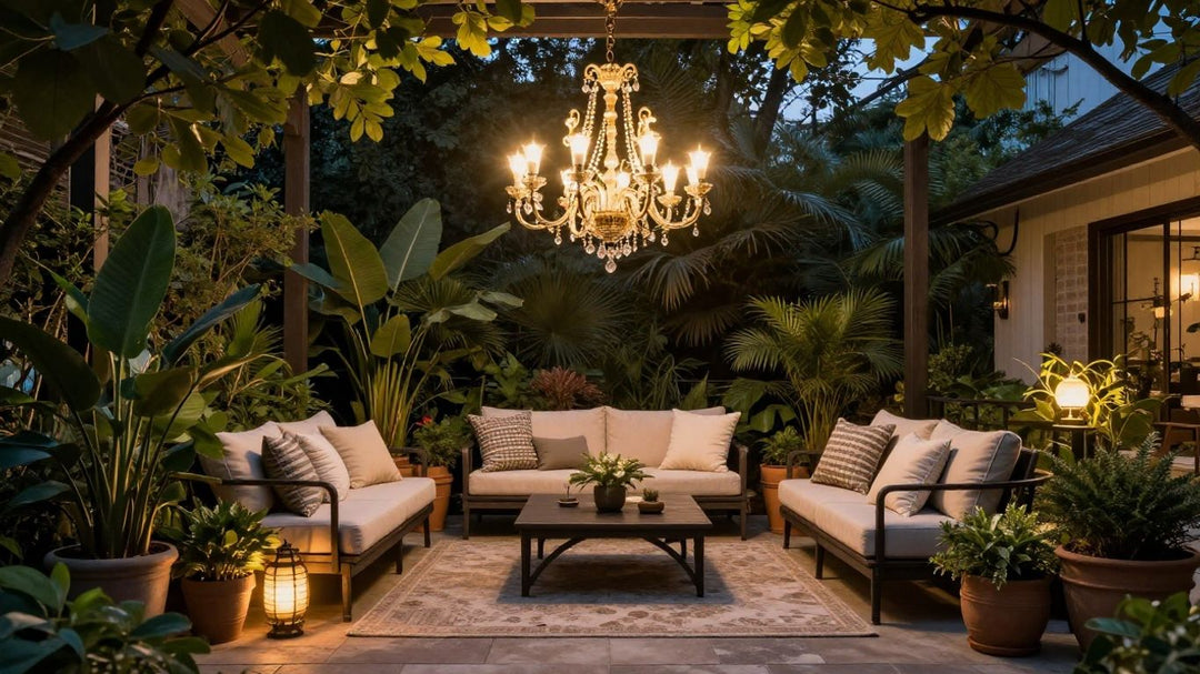 Patio with chandelier and cozy outdoor seating area