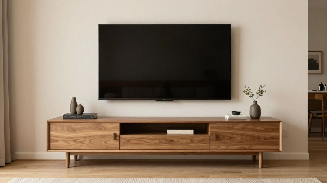 Modern living room with low profile TV stand and TV.