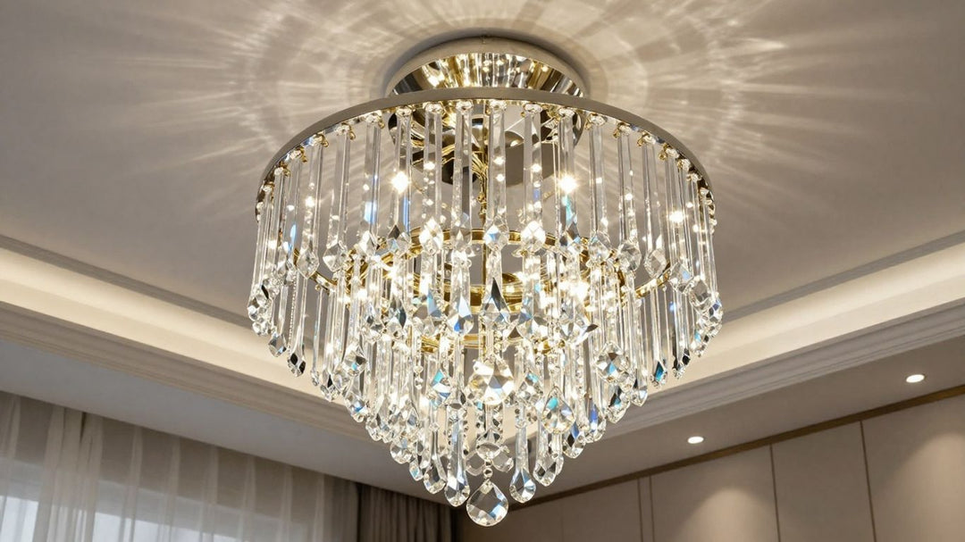 Crystal pendant ceiling light illuminating a modern room.