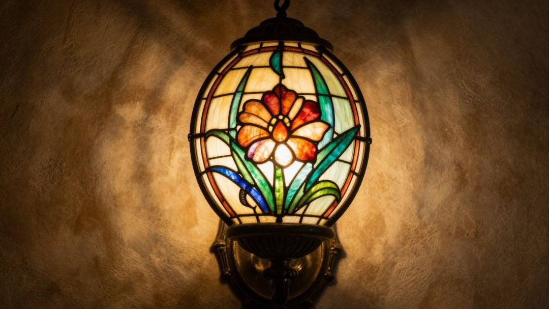 Ornate Tiffany wall sconce with stained glass detail.