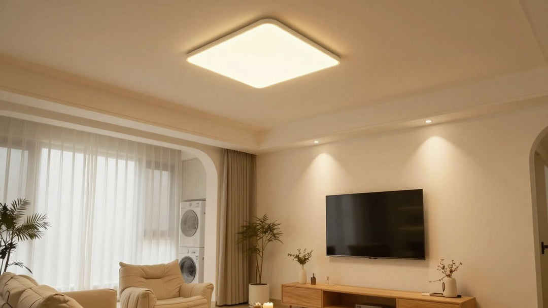 Battery-operated ceiling lights illuminating a modern living room.