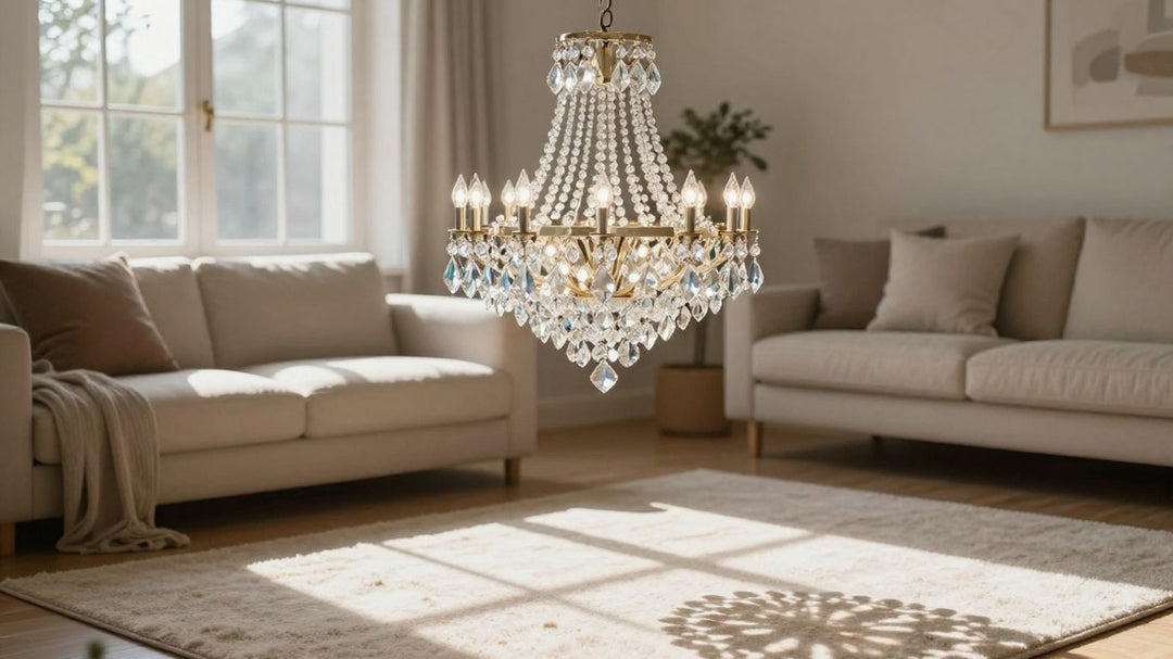 Small living room with a crystal chandelier.