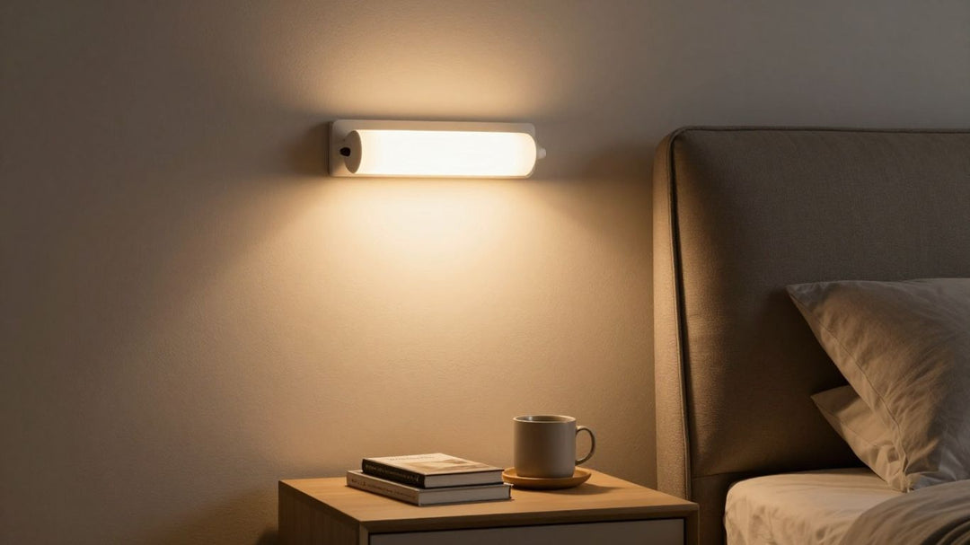 Modern bedside wall light illuminating a bedroom.