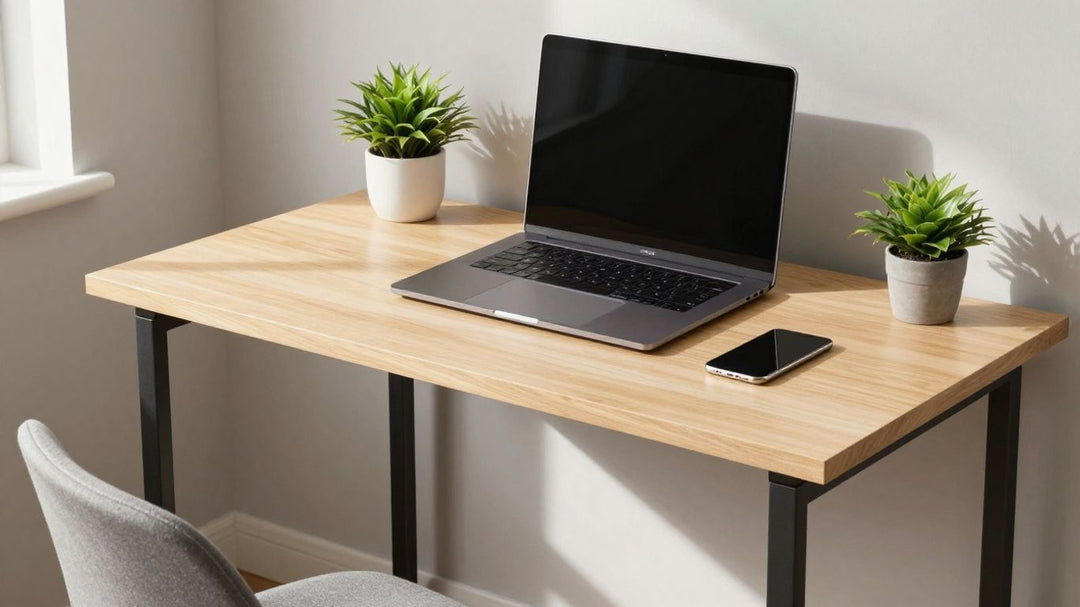 Compact desk in a small, bright room.