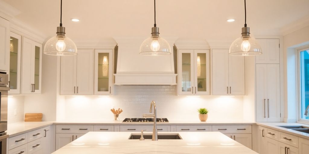Kitchen island with modern pendant lights.