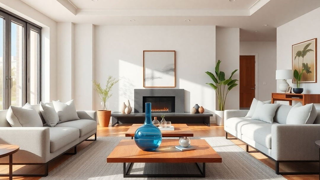 Modern living room with blue vase and neutral decor