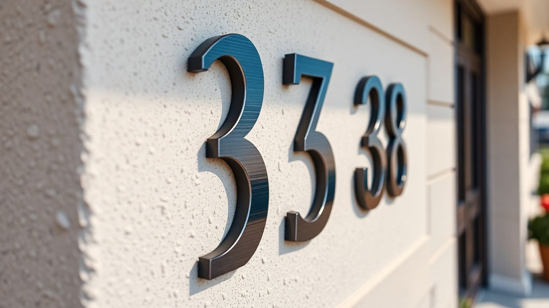 Modern metal house numbers on a home exterior.