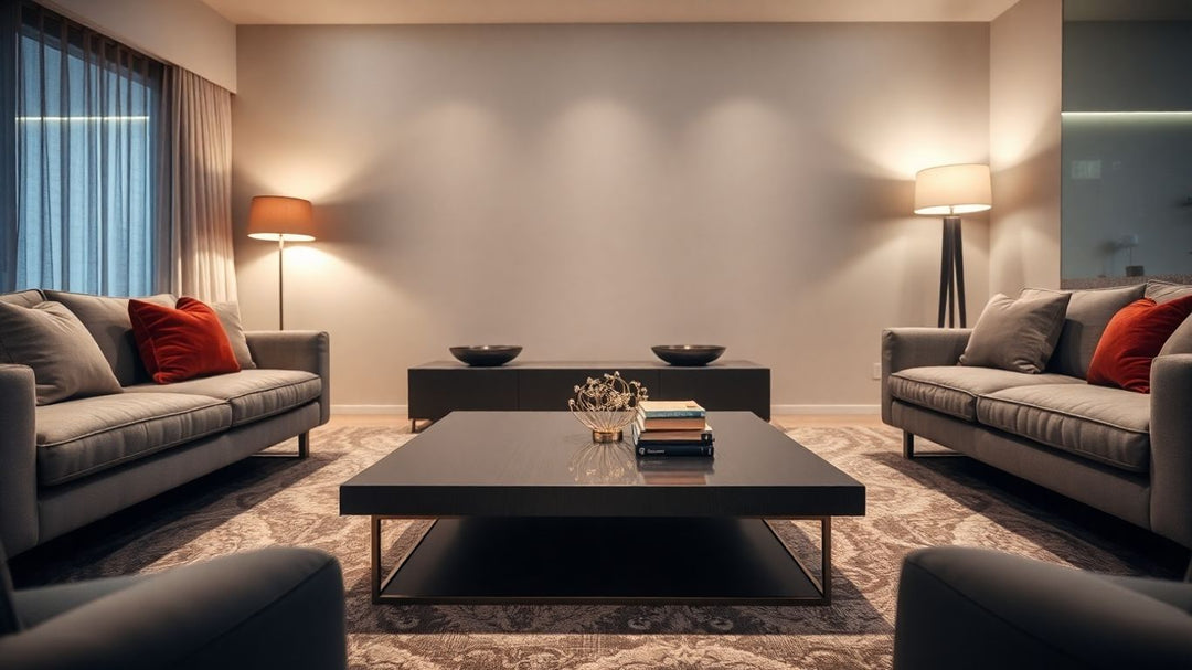 Square coffee table in a modern living room setting.