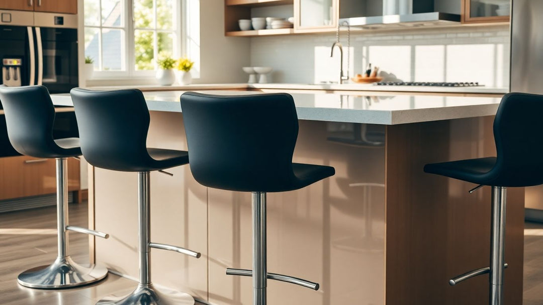 Stylish black bar stools at a modern kitchen island.