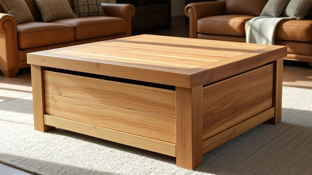 Rustic wood coffee table with storage in a living room.