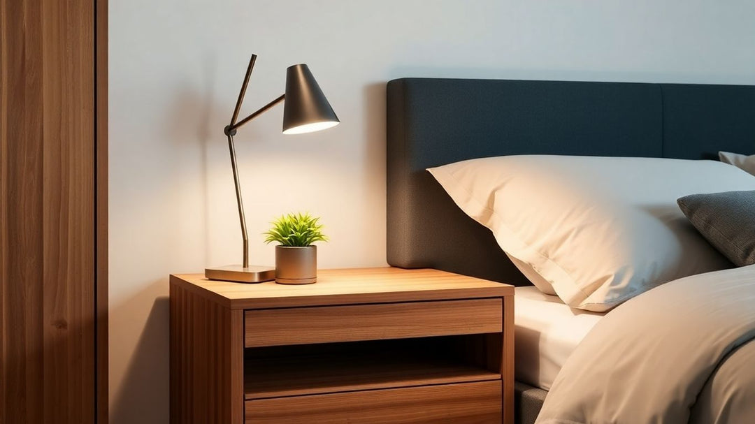 Modern bedroom nightstand with lamp and plant.
