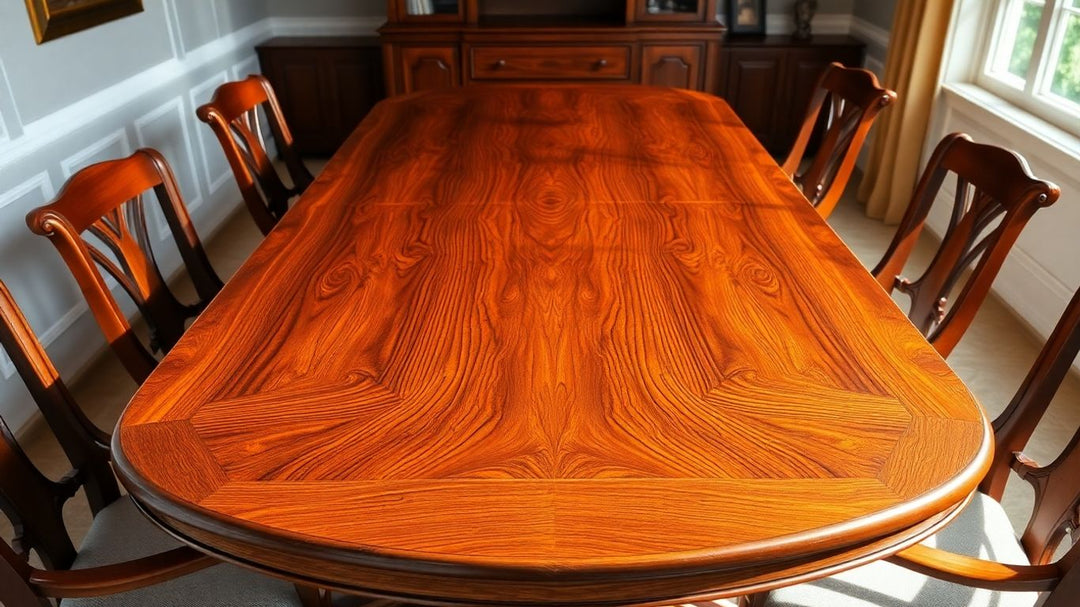 Elegant solid wood dining table in a sunlit room.