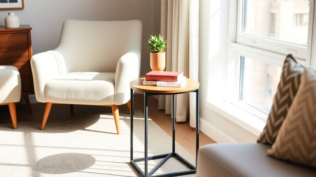 Tall side table next to armchair with plant and books.