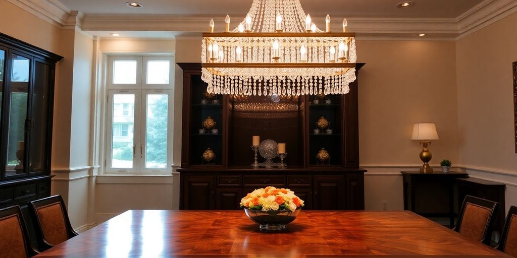 Rectangular chandelier above a modern dining table.