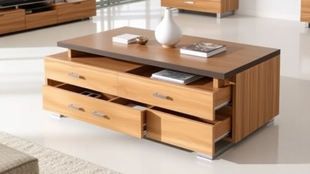 Stylish coffee table with drawers in a living room.