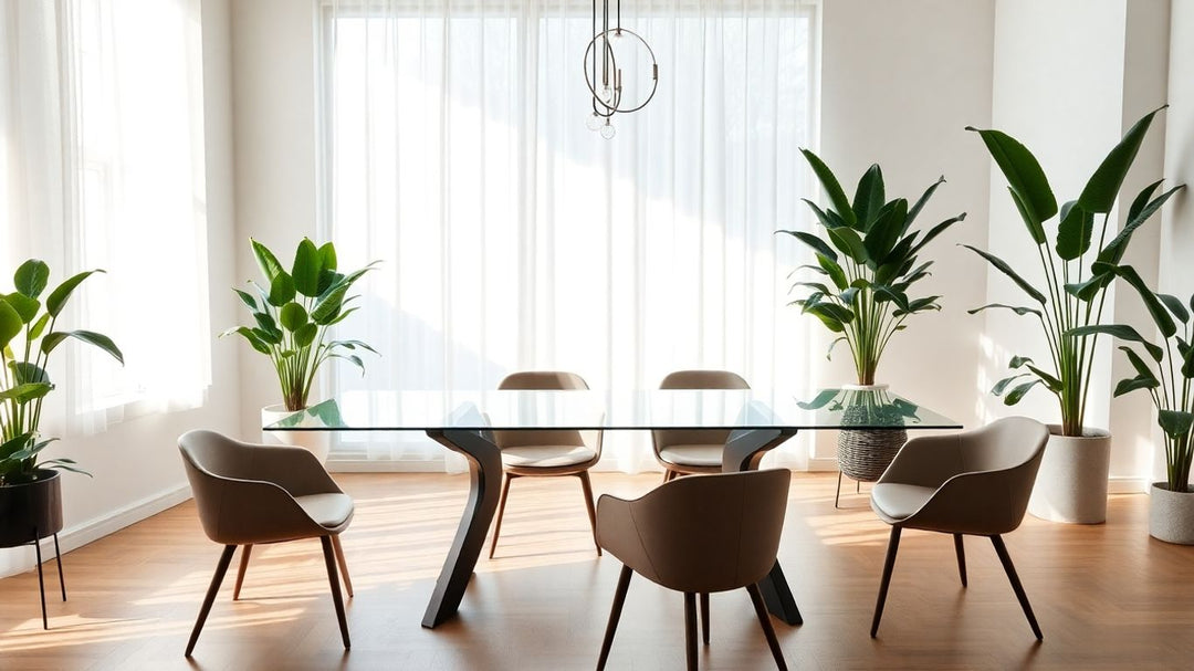 Modern dining room with glass top table and plants