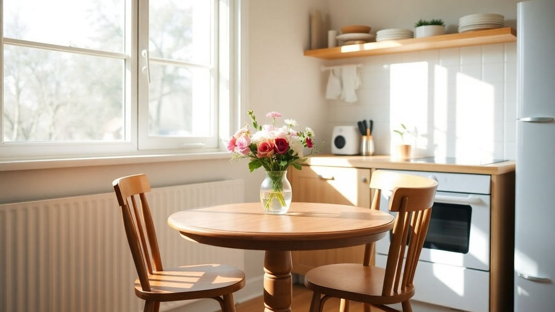 Cozy small kitchen with a round wooden table and chairs.