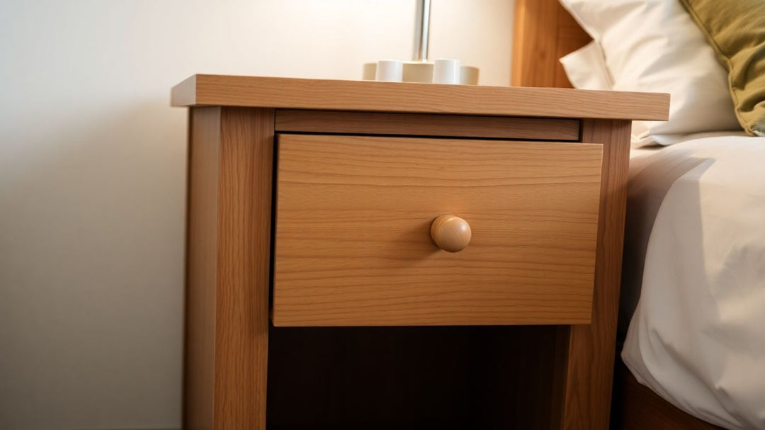 Warm oak nightstand next to a bed.