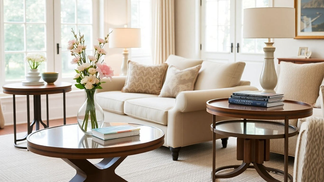 Various round end tables in a stylish room setting.