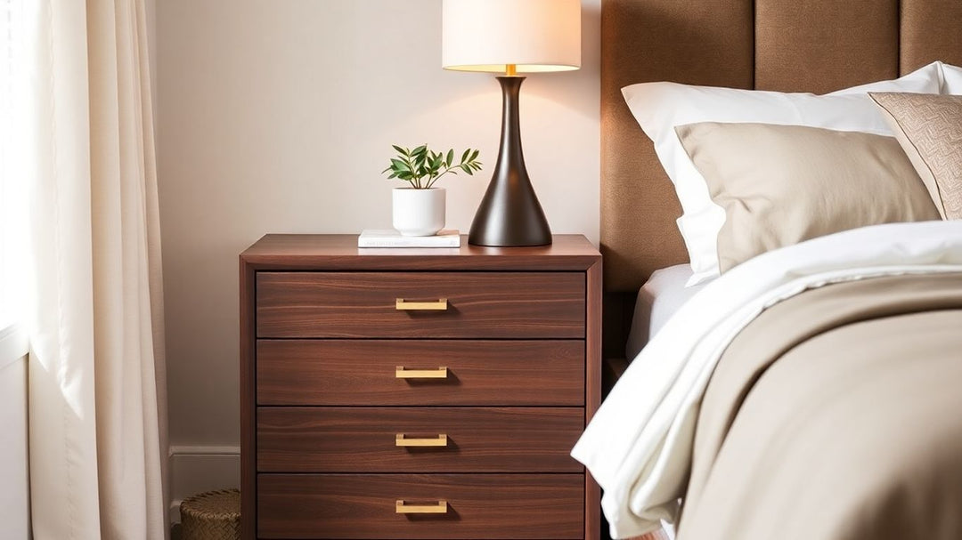 Modern 3-drawer nightstand in a bedroom setting.
