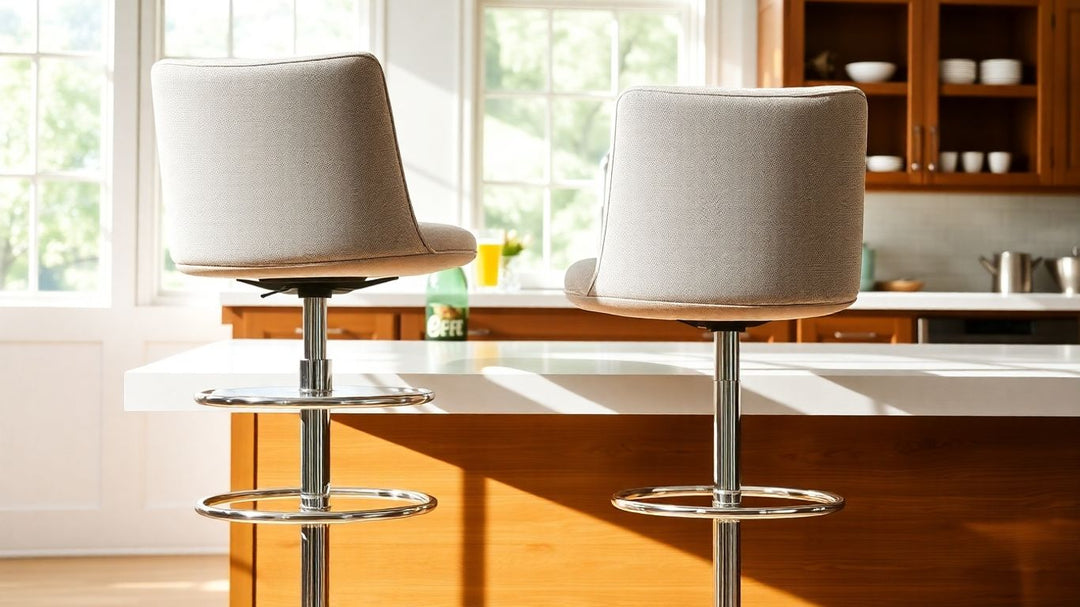 Stylish swivel counter stools at a kitchen island.