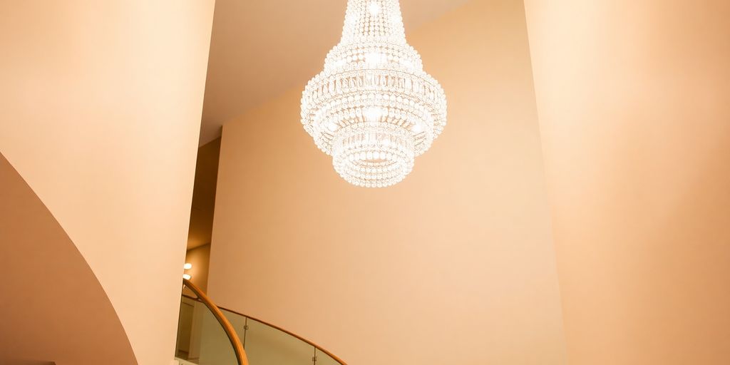 Grand staircase with a dramatic crystal chandelier.
