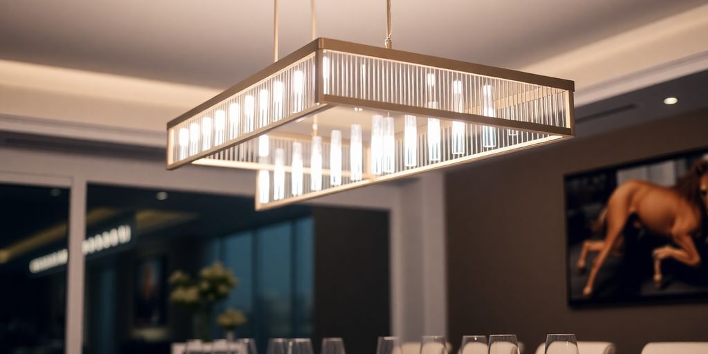 Modern rectangular chandelier over dining table.