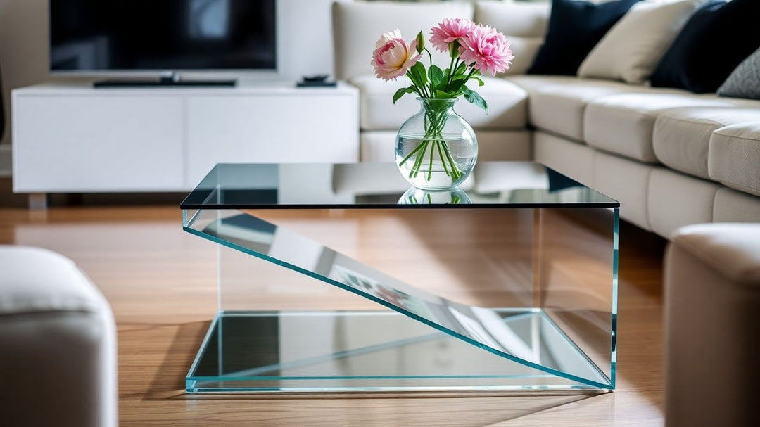 Stylish glass end table in a modern living room.