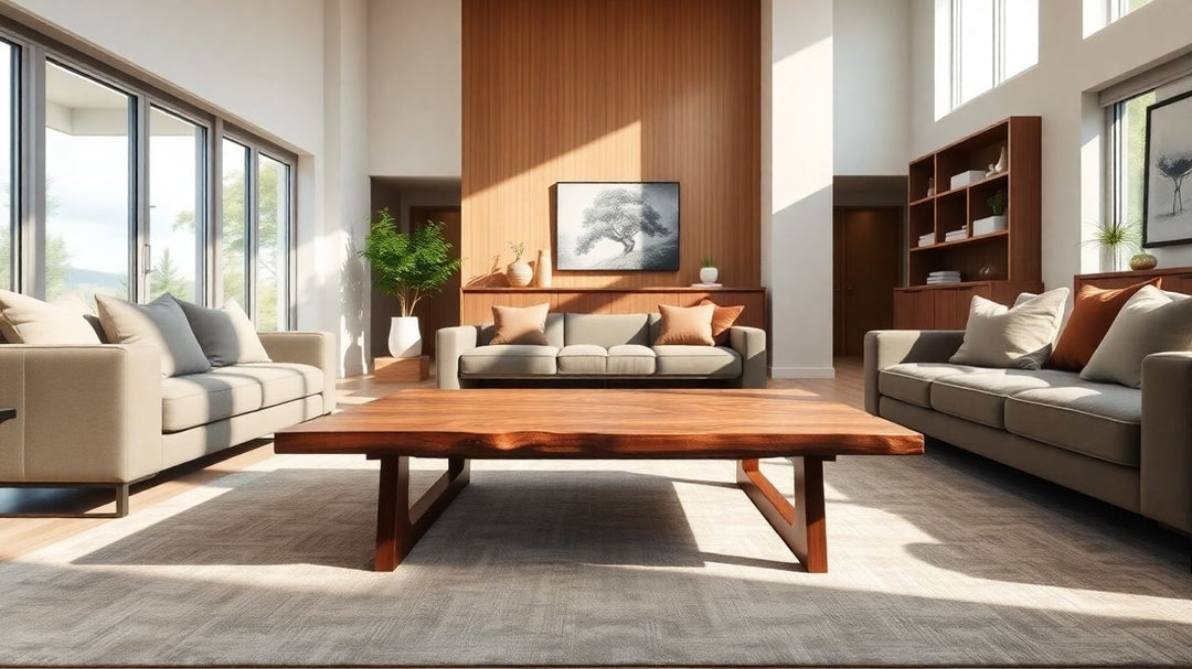 Walnut coffee table in a stylish living room.