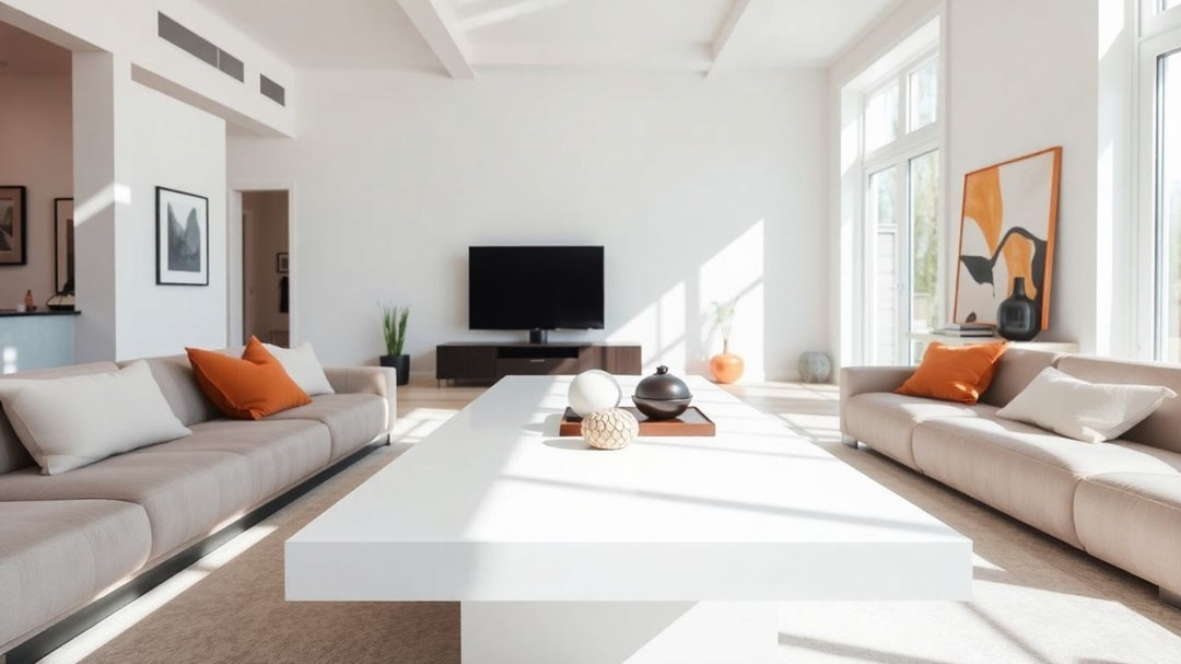 Long white coffee table in a modern living room.