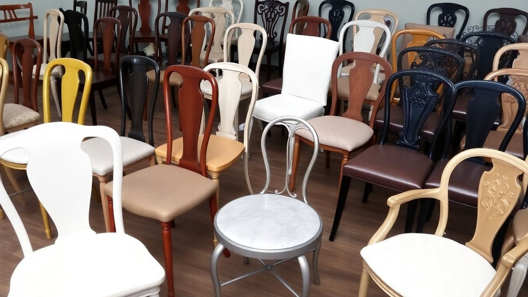 Various unique dining room chairs in different styles and colors.