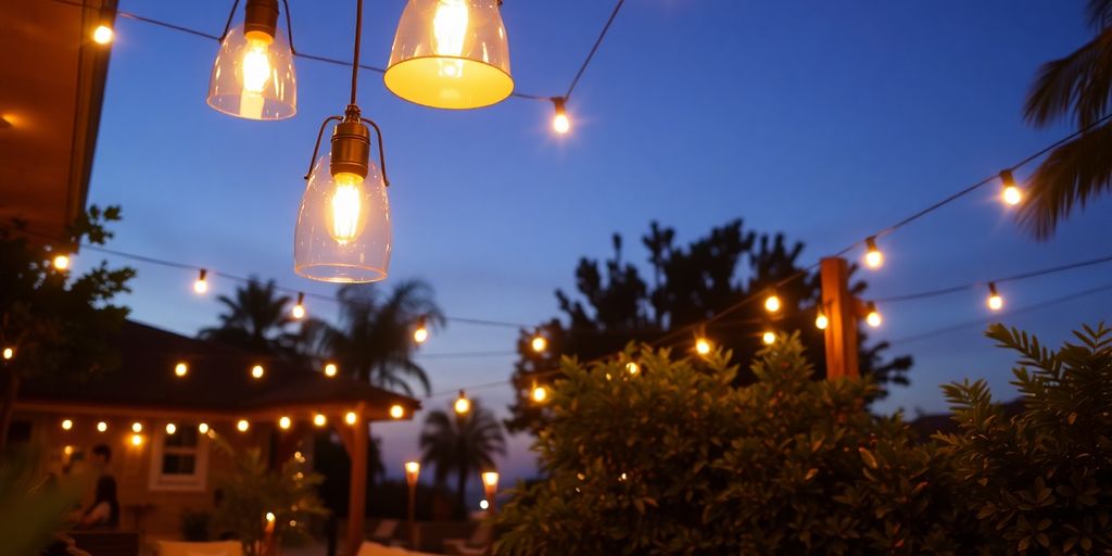 Stylish outdoor pendant lights illuminating a modern patio.