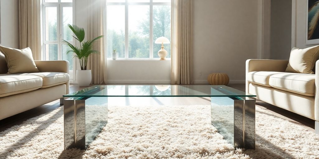 Elegant glass table reflecting light in a modern room.