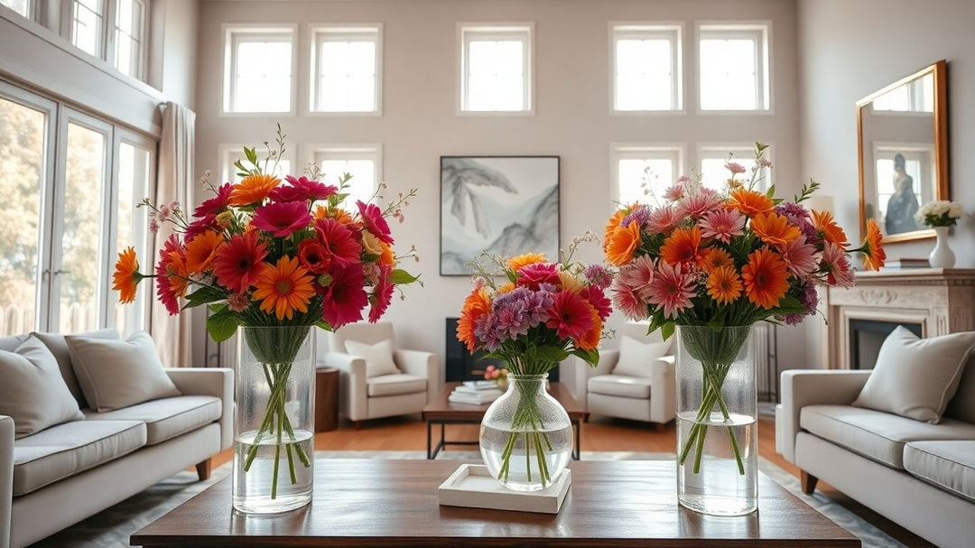 Crystal glass vases with flowers in a modern living room