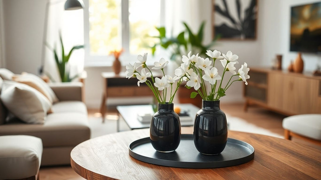 Modern black vase with white flowers on table