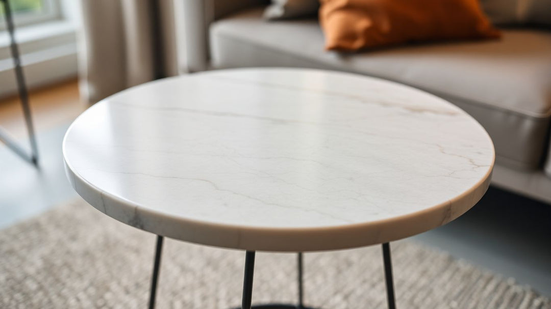 Stylish stone top side table in a modern living room.