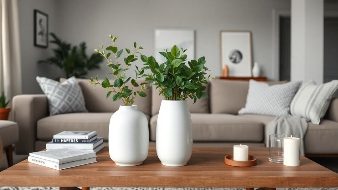 White ceramic vase with greenery in modern living room