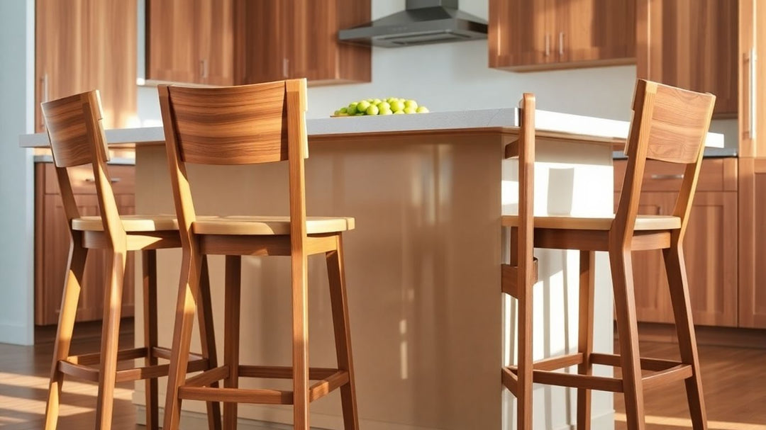 Wooden bar stools with backs in a modern kitchen.