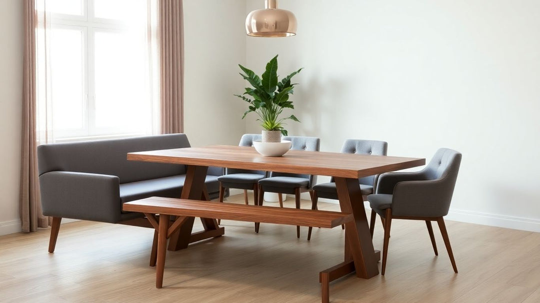 Modern dining set with bench in bright room