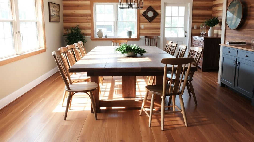 Rustic dining table in cozy farmhouse dining room