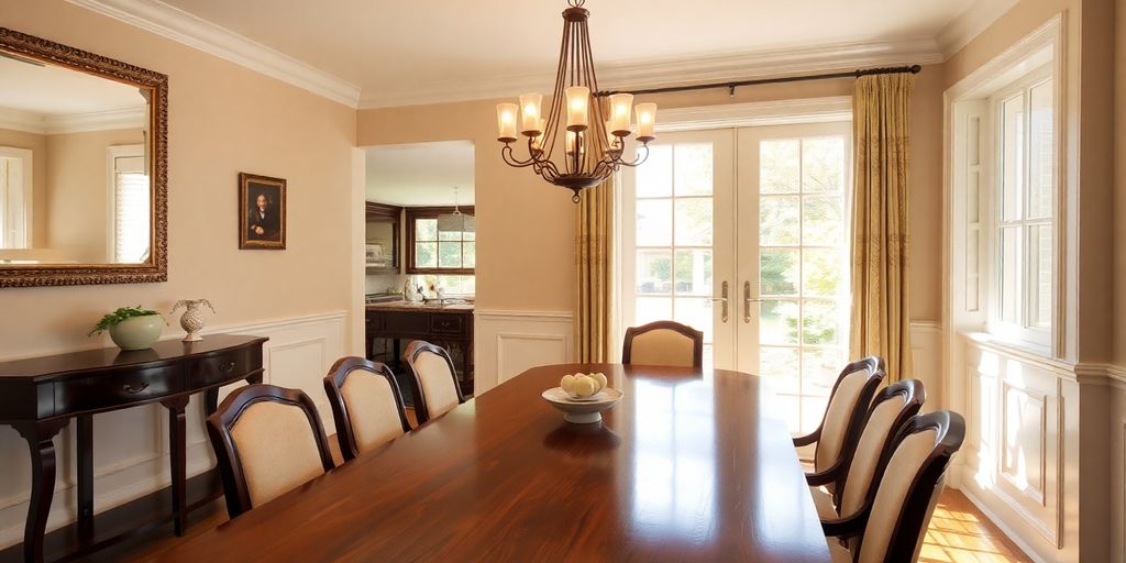 Modern dining room with a stunning pendant light.