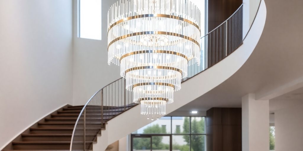 Modern staircase chandelier illuminates elegant home interior.