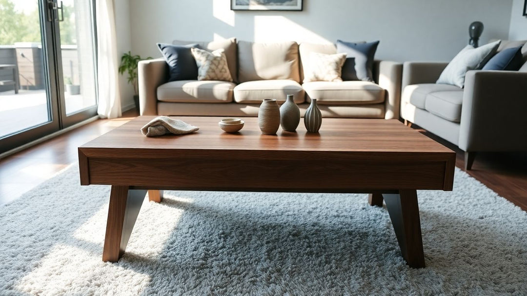 Rectangle wood coffee table in a stylish living room.