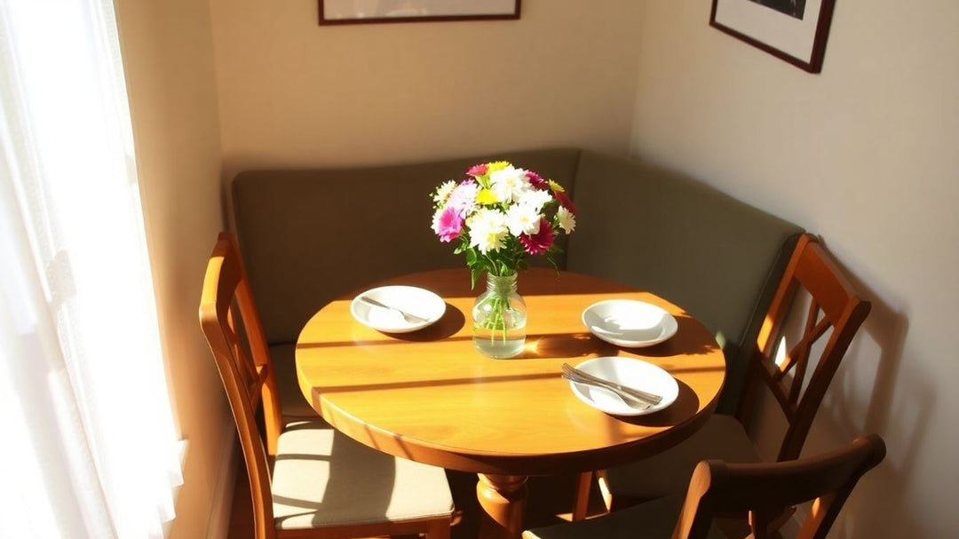 Small dining table for two with flowers.