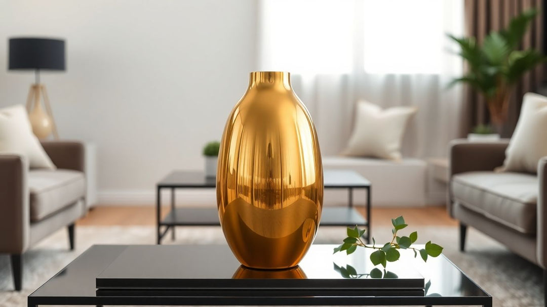 Sleek gold vase in a modern living room.