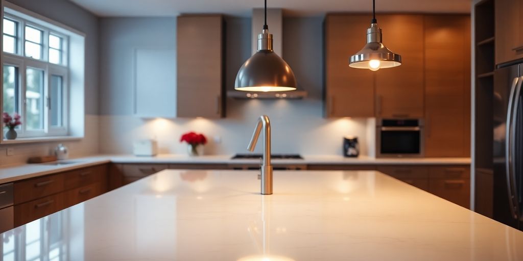 Modern kitchen island with elegant pendant lights.