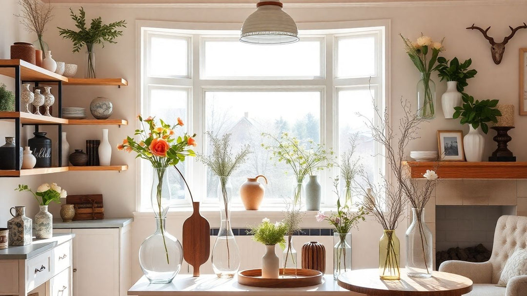 Colorful vases with flowers styled in a home