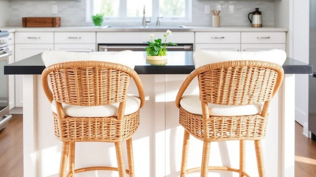 Stylish wicker bar stools at a kitchen island.