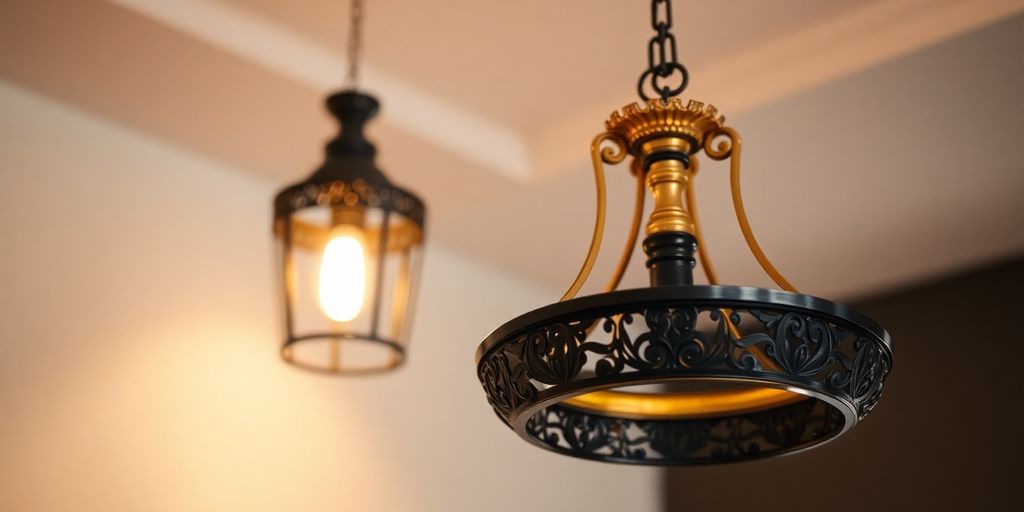 Black and gold pendant light hanging in a room.
